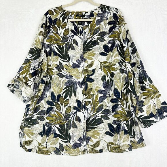 Tahari Linen Button Up Top Size 2X Leaf Print Tropical Vacation Coastal - Picture 1 of 5